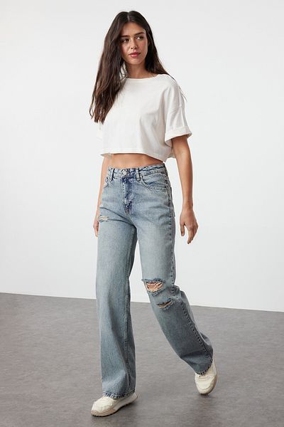 Trendyol Collection Blugi albaștri cu talie înaltă cu picioare late TWOSS24JE00198
