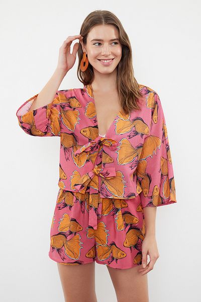 Trendyol Collection Fish Print Cotton Shirt and Shorts Beach Set - Tbess22Au0086