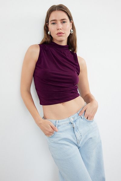 Trendyol Collection Plum Zero Sleeve Shirred Body Εφαρμόζει ελαστική πλεκτή μπλούζα TWOSS24BZ00486