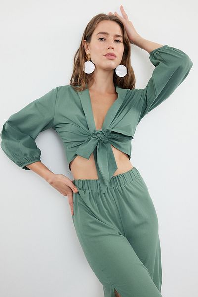 Trendyol Collection Khaki Crop Woven Tie-Up Beach Blouse Tbess24Bz00006