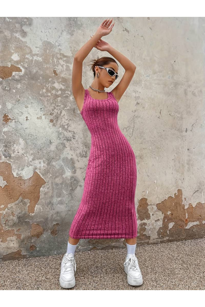 JANES Thick Strap Ribbed Camisole - Square Collar Midi Women's Dress