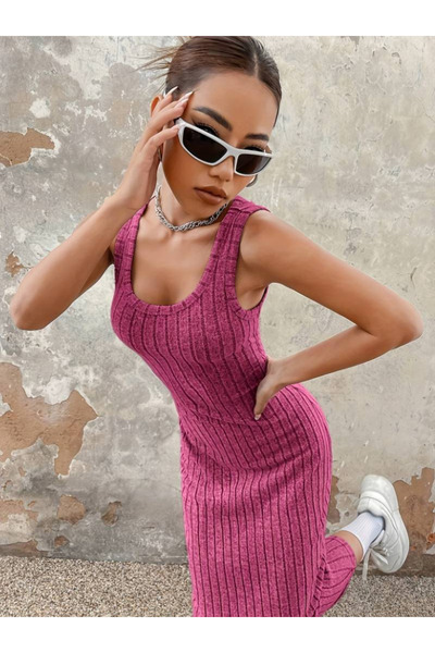 JANES Thick Strap Ribbed Camisole - Square Collar Midi Women's Dress