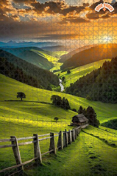 Teona Ahşap Yeşil Vadide Günbatımı Işıkları Çift Katlı Çerçeveli Asılabilir A...