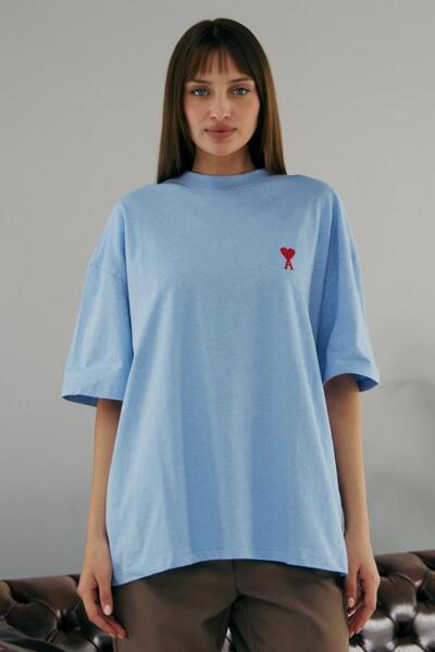 PRANGA Γυναικείο T-shirt Blue Heart Embroidered Crew Neck