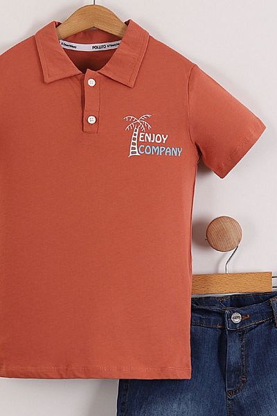 Pollito Boy's Polo Neck Enjoy Printed Tile T-Shirt Denim Shorts Set of 2
