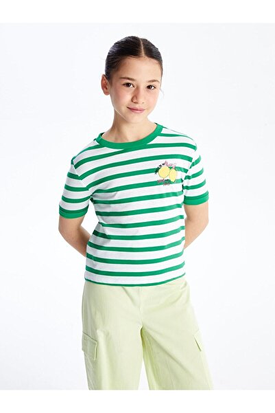 LC Waikiki Tricou cu dungi LCW pentru fete, cu decolteu în dungi, cu mânecă s...