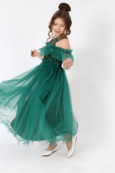 Asortix Girl's Tulle Fabric Embroidered Lined Sleeveless Long Night Party Graduation Elegant Evening Dress