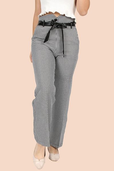 Asortix Girl's High Waist Belted Wide Leg Houndstooth Patterned Fabric Trousers