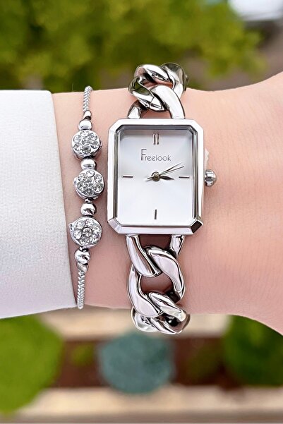 Freelook Gümüş Renk Zincirli 24 Ay Garantili 5 ATM Kadın Kol Saati ve Bileklik