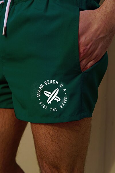 Miami Beach Erkek Yeşil Düz Renk Iki Yan Cepli Mini Boy Mayo Deniz Şortu