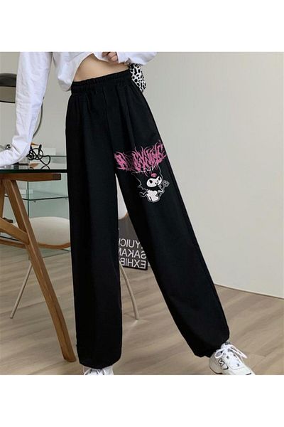 Touz Moda Kuromi Pink Printed Oversize Unisex Black Sweatpants