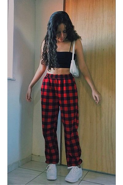 Touz Moda Pantaloni unisex Y2k în carouri negru roșu cu detaliu în talie elastică