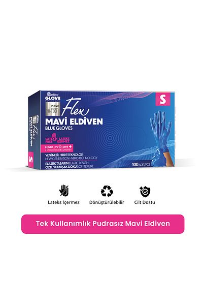 Reflex Flex Eldiven Blue Disposable Powder Free Gloves - Size S 100 Pcs
