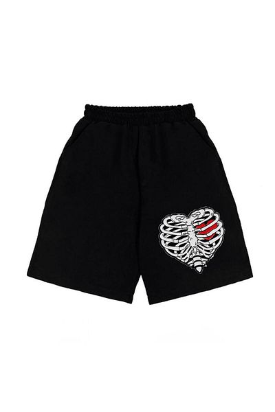 Touz Moda Μαύρο χτενισμένο βαμβακερό σορτς με στάμπα με ραβδώσεις καρδιάς