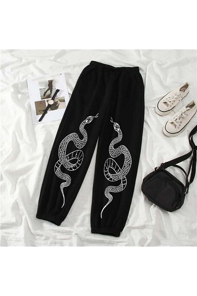 Touz Moda Gothic Snake Printed Oversize Unisex Black Sweatpants
