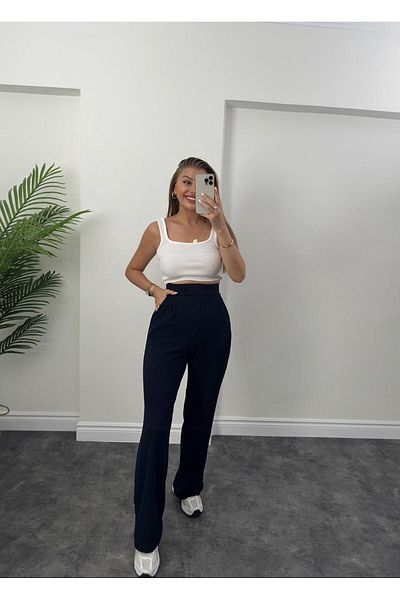 SanaHediyemVar Full Lycra Velcro Waist Palazzo Navy Blue