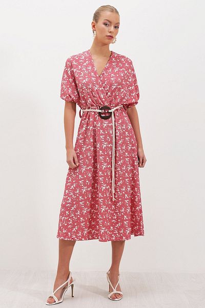 HAKKE Kurzärmliges, gemustertes Seersucker-Kleid mit zweireihigem Kragen