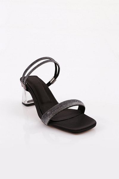 DGN Sandale de damă cu vârf pătrat cu toc transparent din satin negru 10123275
