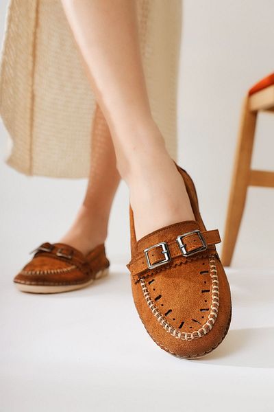 Limoya Vidya Tan Suede Laser Cut Double Buckle Ballerinas - Women's Heel Support Shoes