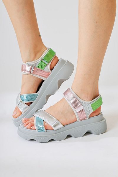 Limoya Siga Gray Cross Strap Velcro Detailed Women's Sandals