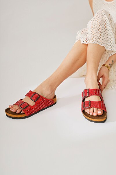 Limoya Genuine Leather Aire Red Double Banded Women's Slippers with Stone Detail