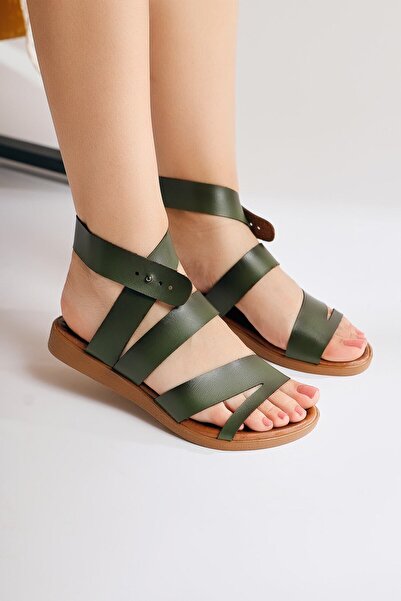 Jilberto Hakiki Deri Hadie Haki Kadın Sandalet Fırsat Ürünü
