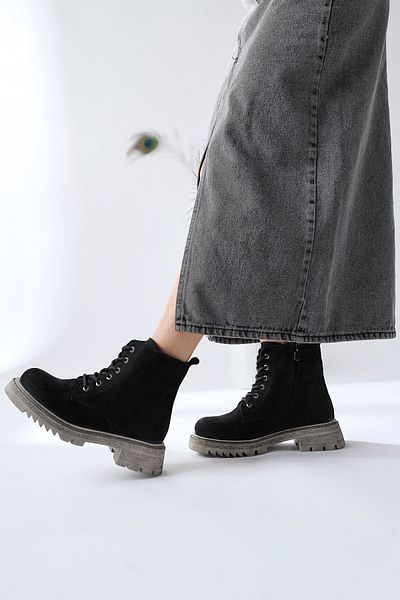 Limoya Γνήσιο δέρμα Britt-louice Μαύρο Suede Lace Up με φερμουάρ Γυναικείες Μπότες, Γυναικείο Μποτάκι