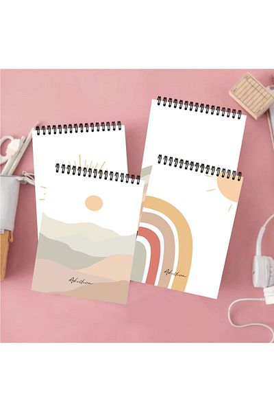 AKILLICA 4-Piece Notebook Set 10 X 13.5 Cm Unlined Notebook Cardboard Cover Top Spiral Notebook Pocket Notebook Sun