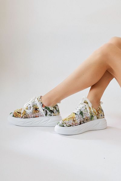 Limoya Biba Yellow Knitwear Pattern Printed Lace-Up Women's Sneakers, Lace-Up Sneakers