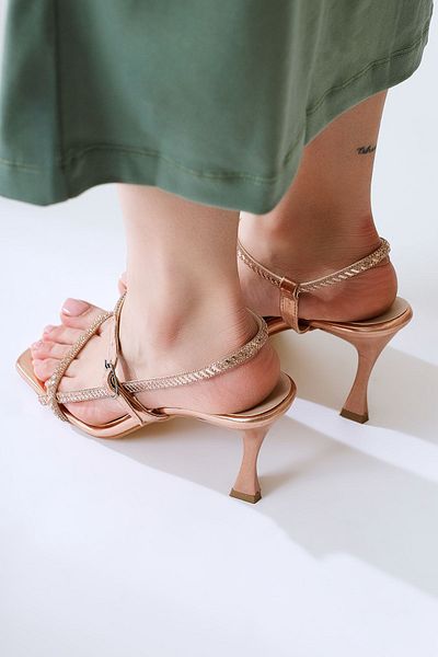Limoya Hedra Gold Patent Leather Thin Stone Banded Heeled Women's Sandals
