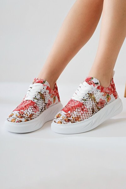 Limoya Biba Red Knitwear Pattern Printed Lace-Up Women's Sneakers, Lace-Up Sports Shoes Opportunity Product