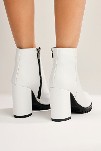 Limoya Bahiya Beyaz Oval Burunlu Fermuarlı Topuklu Kadın Bot, Kadın Bootie Fırsat Ürünü