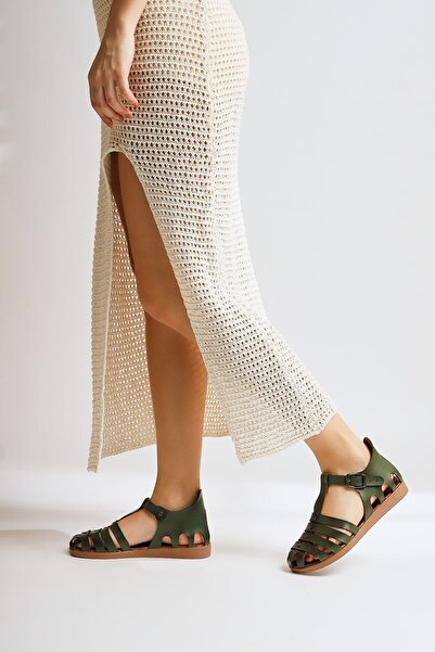 Limoya Genuine Leather Tori Khaki Four-Strap Adjustable Flat Women's Sandals Opportunity Product