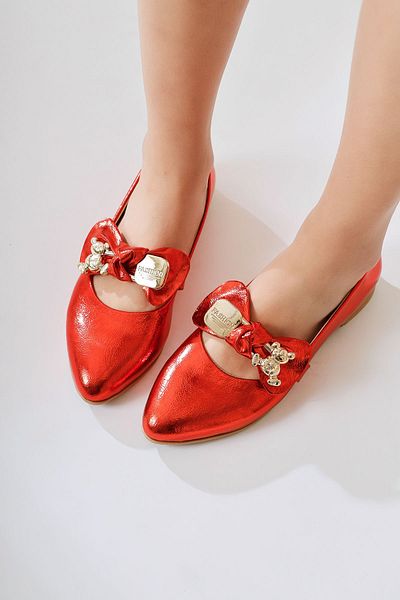 Limoya Joselin Red Wrinkled Patent Leather Ballerinas with Bow Accessories, Women's Ballerina Shoes
