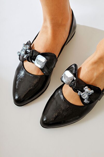 Limoya Joselin Black Wrinkled Patent Leather Ballerinas with Bow Accessories, Women's Ballerina Shoes