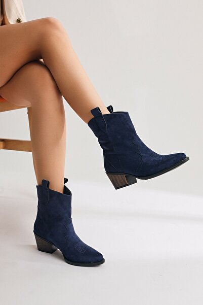 Limoya Joo Lacivert Синій замшевий черевик з гострим носком і вишивкою, жіночий черевик, жіночий ботинок