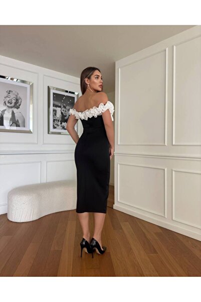 1Moda1Tarz Colorful Scuba Crepe - Madonna Collar and Rose Detailed Slit Lined Designer Dress