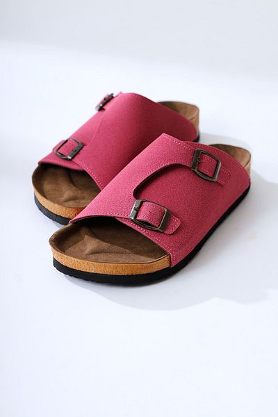 Limoya Genuine Leather Christella Fuchsia Suede Double Buckle Detailed Women's Slippers