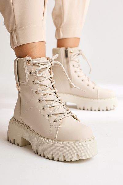 Limoya Nichelle Beige Γυναικείες Μπότες με Λεπτομέρεια Χοντρή Σόλα, Γυναικείο Μποτάκι