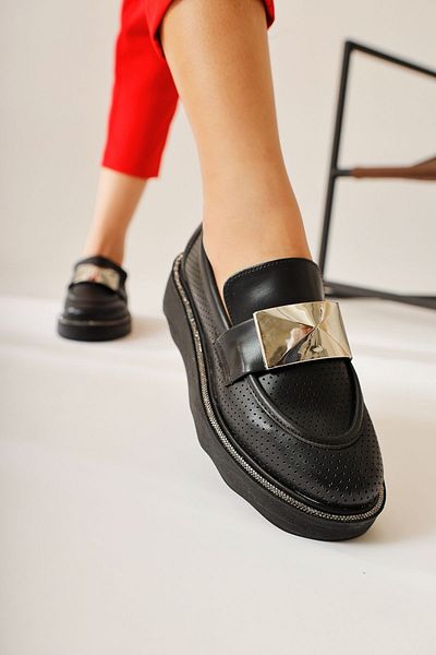 Limoya Khloe Black Buckle Detailed Perforated Moccasin, Women's Loafer Shoes