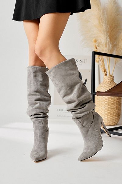 Limoya Γυναικείες μπότες Nenya Grey Suede με μυτερό μύτη με λεπτό τακούνι