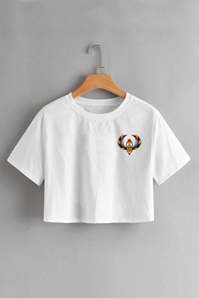 FECCY Tricou crop alb - Femei, cu imprimeu Scarabaeus antic