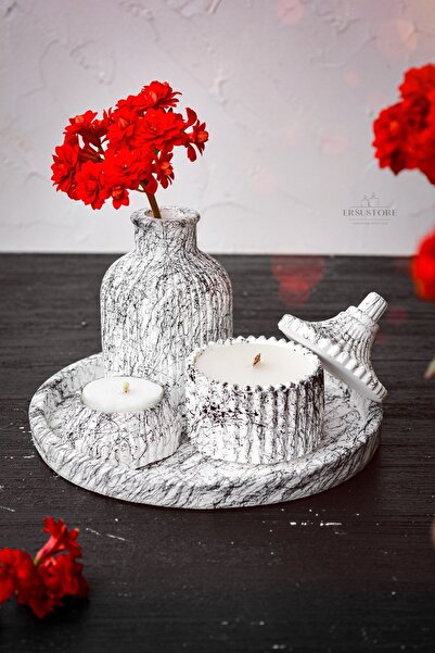 ersu store 5 Parça Mermer Desen Dekoratif Beton Vazo Ve Vanilya Kokulu Soya W...