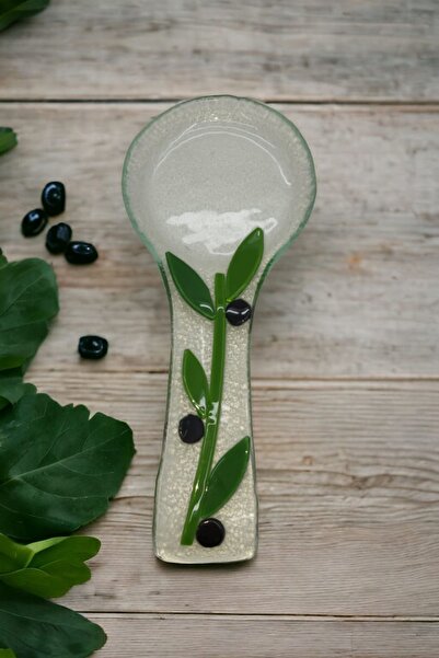 Beytuna Χειροποίητη γυάλινη θήκη για κουτάλια με σχέδιο με κλαδιά ελιάς