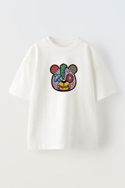 NMG TEKSTİL Λευκό Oversize Βαμβακερό T-shirt - Σχέδιο Πληγωμένο Αρκούδα με στάμπα