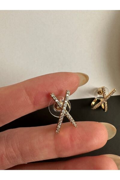 ringbox Gold Zirkon Taşlı X Model Küpe Çifti