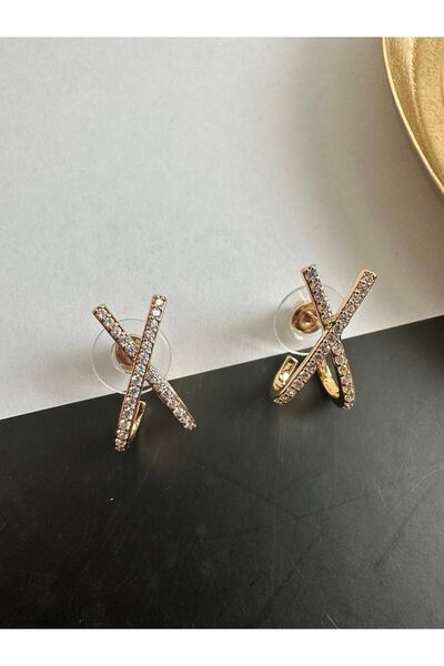 ringbox Gold Zirkon Taşlı X Model Küpe Çifti
