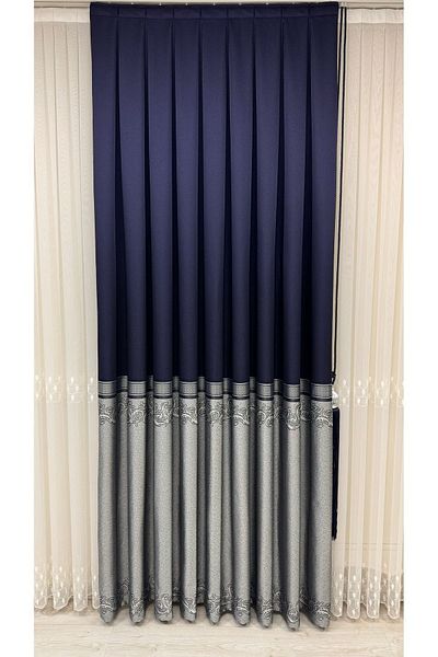 Fon Dünyası Navy Blue Gray Patterned Wallpaper Curtain (Single Wing)