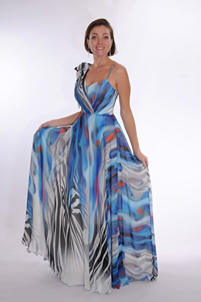 Nikahelbisem MAVİ DESENLİ ŞİFON ELBİSE