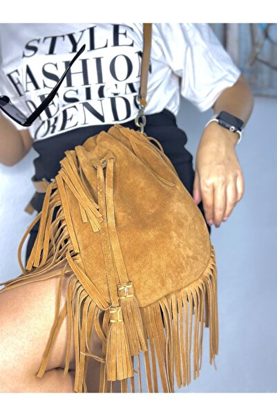 Tuvita Collection Bodrum %100 Gerçek Süet Deri Püsküllü Askılı Çanta Deri Kol...